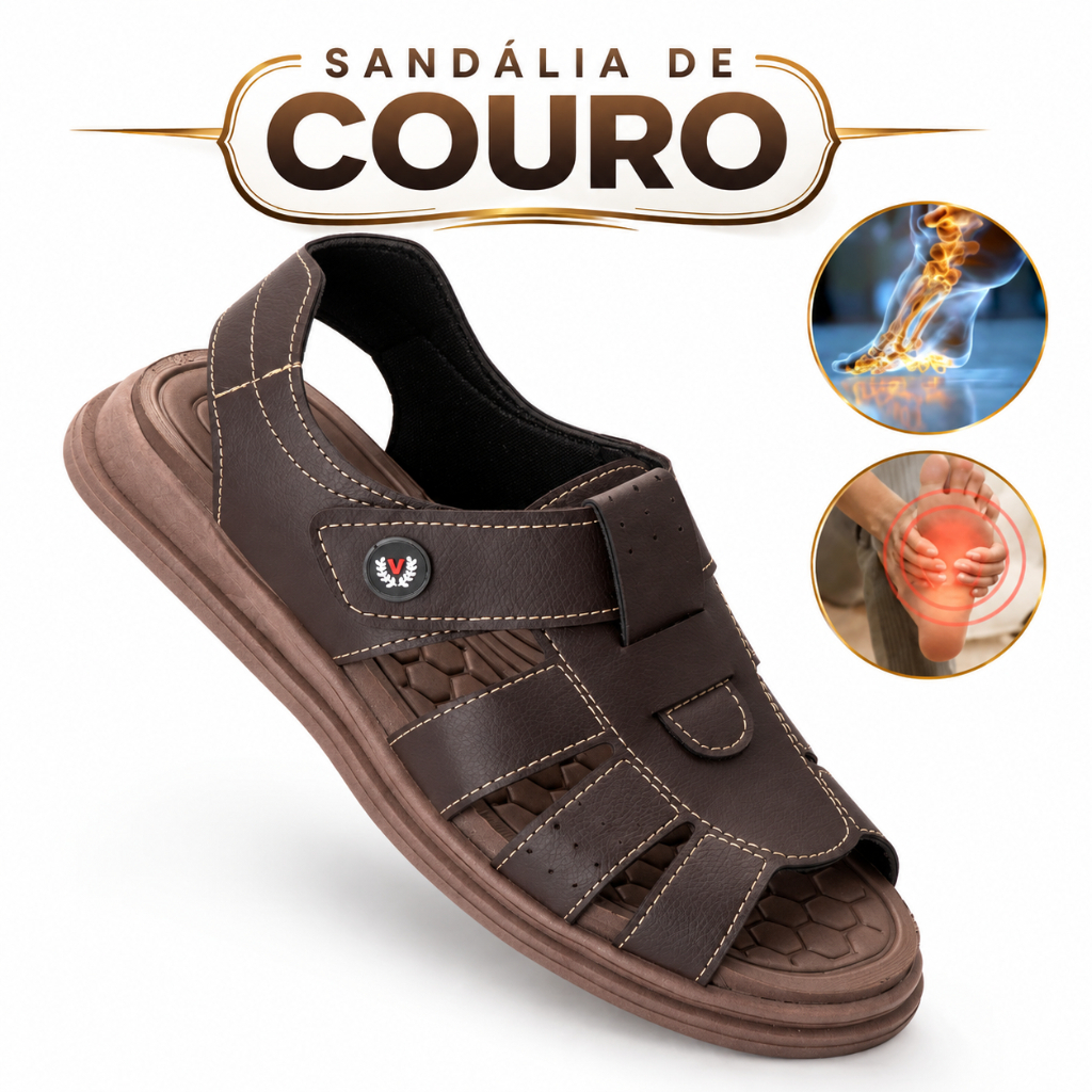Sandália Masculina Couro Conforto Ortopédica Anatômica Macia Ajustável Antiderrapante