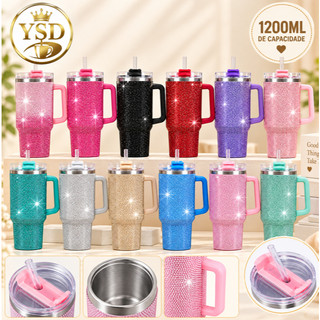 Copo Térmico com Strass 1200ml Inox Com Canudo e Alça Garrafa Térmica Brilhante