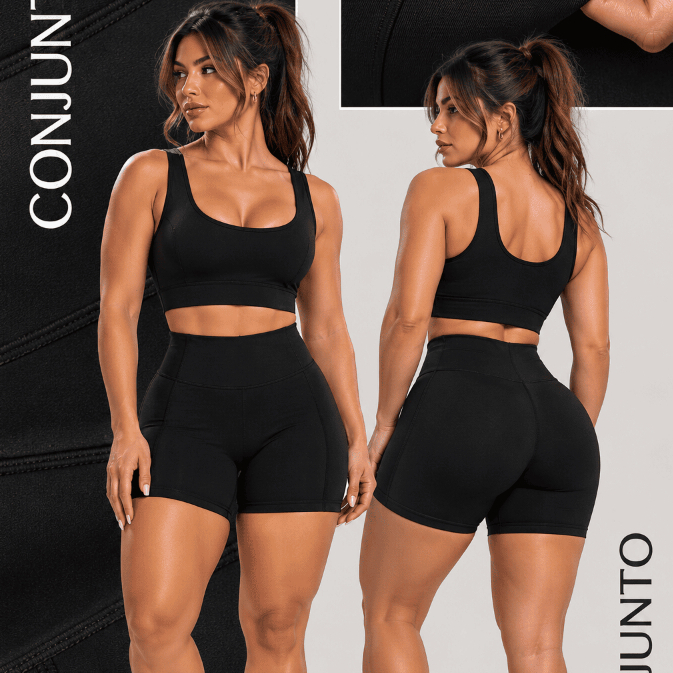 Conjunto Fitness Feminino Academia Poliamida 320 Blackout Zero Transparência Top Regata + Short Cós Alto