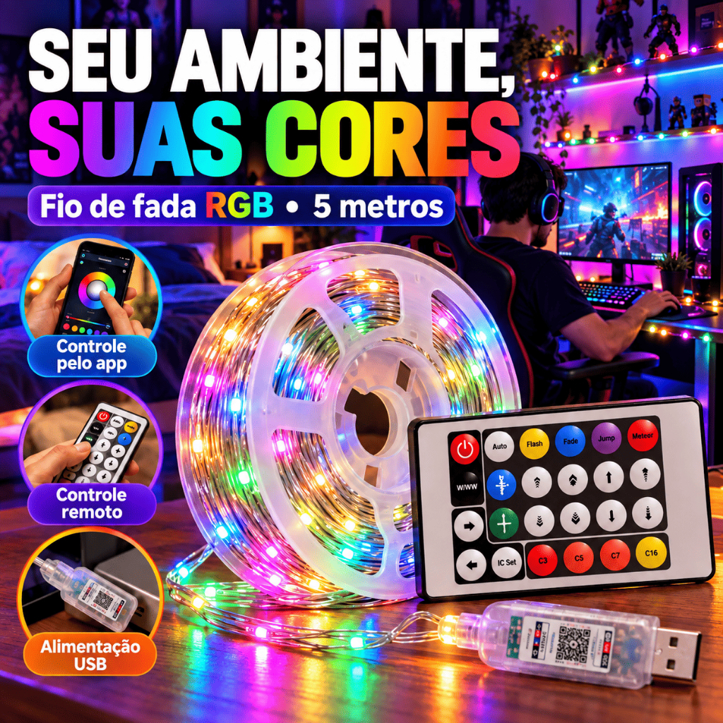 Fita de LED RGB fio de fada 5M/ com Controle por Aplicativo, Controle Remoto e Alimentação USB