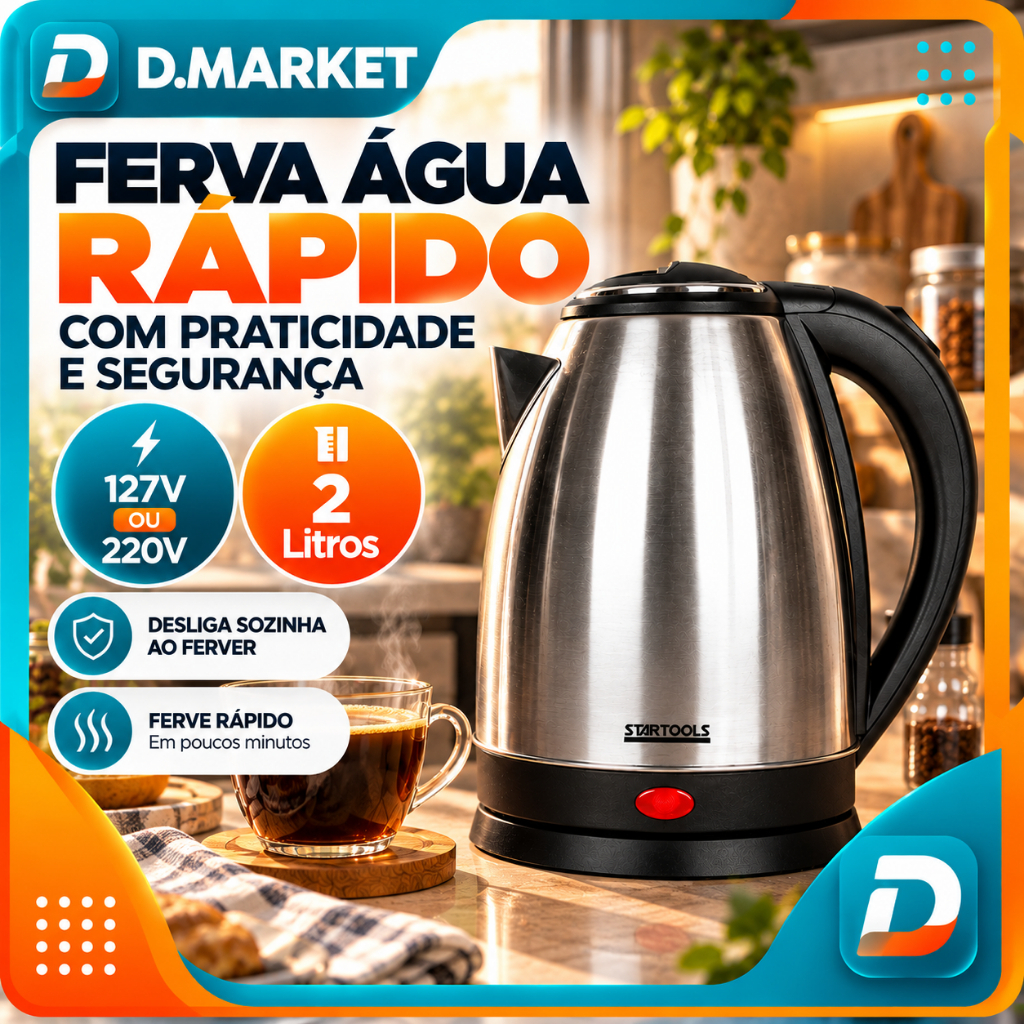 Chaleira Elétrica Inox Capacidade 2 Litros Rápido Aquecimento Segura Compacta 127V e 220V