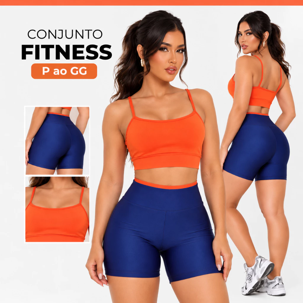 Conjunto Fitness Feminino Top Alça Reforçada E Short Bicolor Cintura Alta Tecido Suplex Premium P ao GG — imagem 1