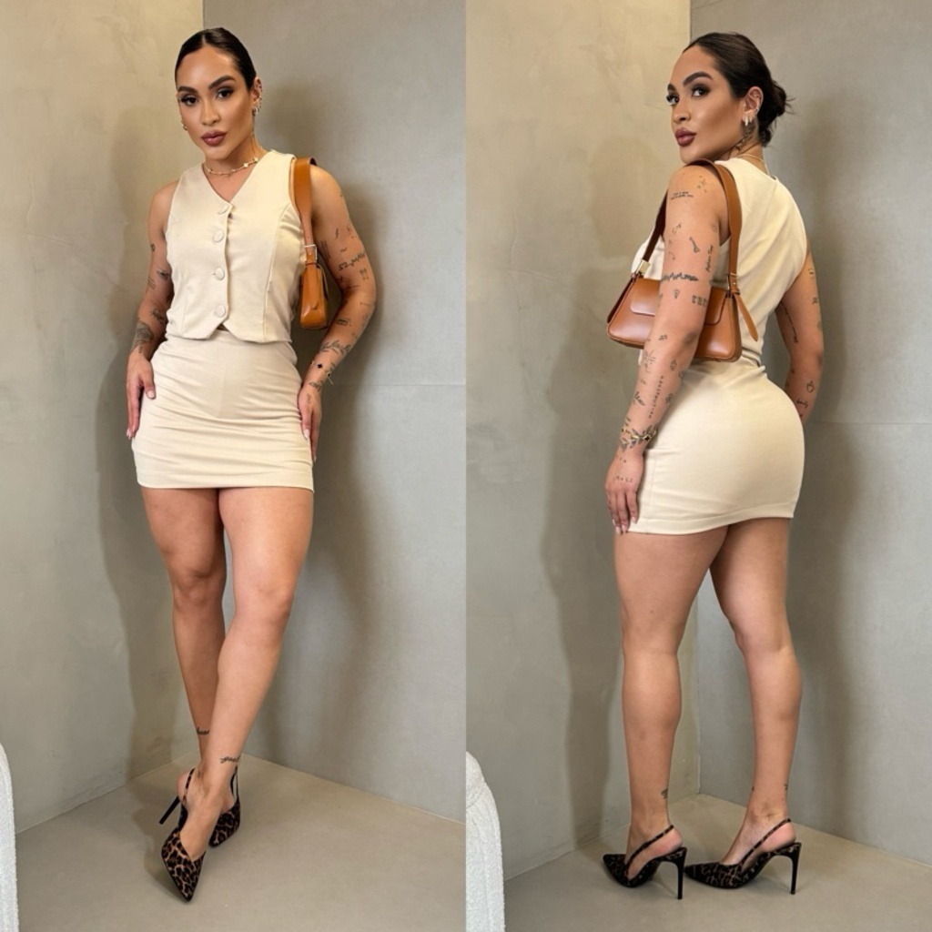 Conjunto Alfaiataria Bege Colete Short Saia P ao G1