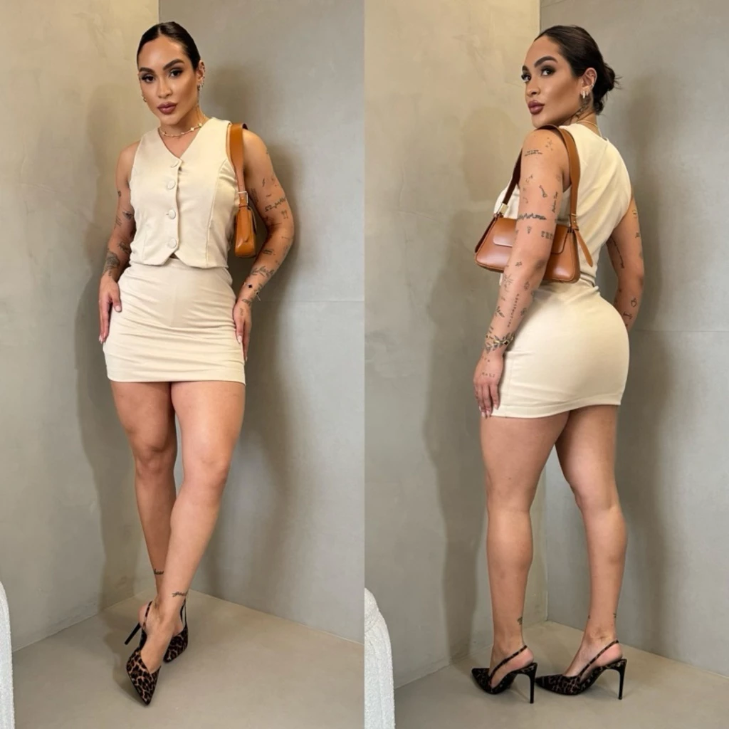 Conjunto Alfaiataria Bege Colete + Short Saia | P ao G1