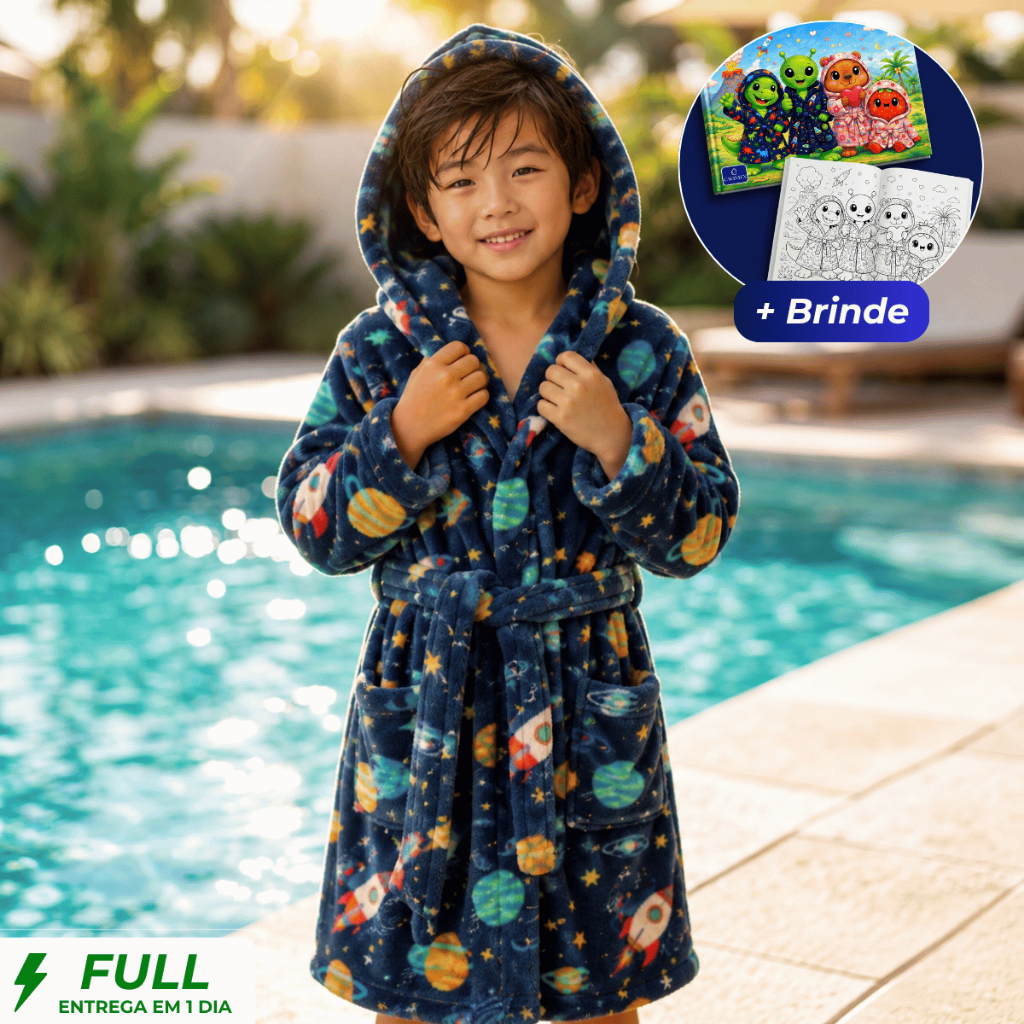 Roupão Infantil Com Capuz Manga Longa e Bolso Em Microfibra Plush Inverno Piscina Menino e Menina