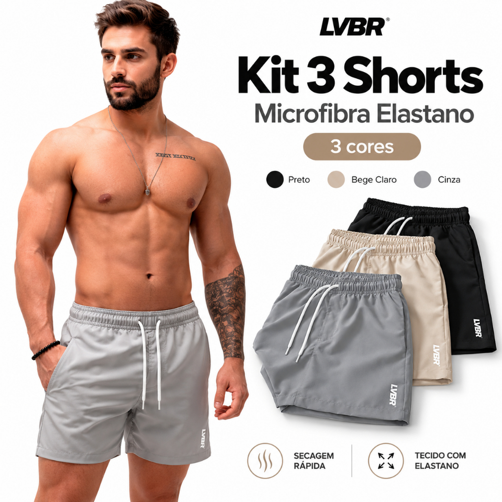 Kit 3 Shorts Bermudas Masculinas Microfibra Tactel Elastano Academia Treino Praia Corrida Homem Premium