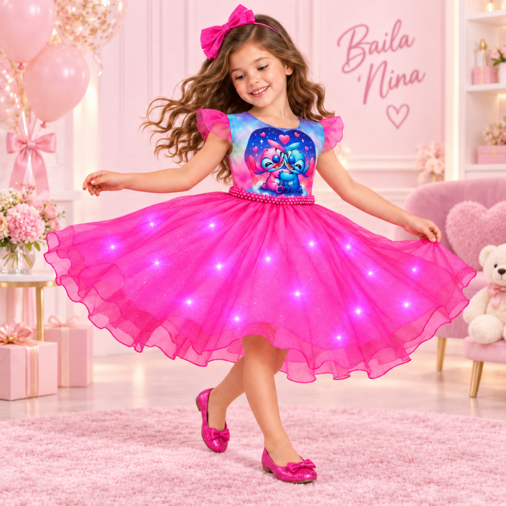 Vestido Infantil Stitch Neon Festa Aniversário Pisca Led 3 Fases Rosa para Meninas de 1 a 12 anos