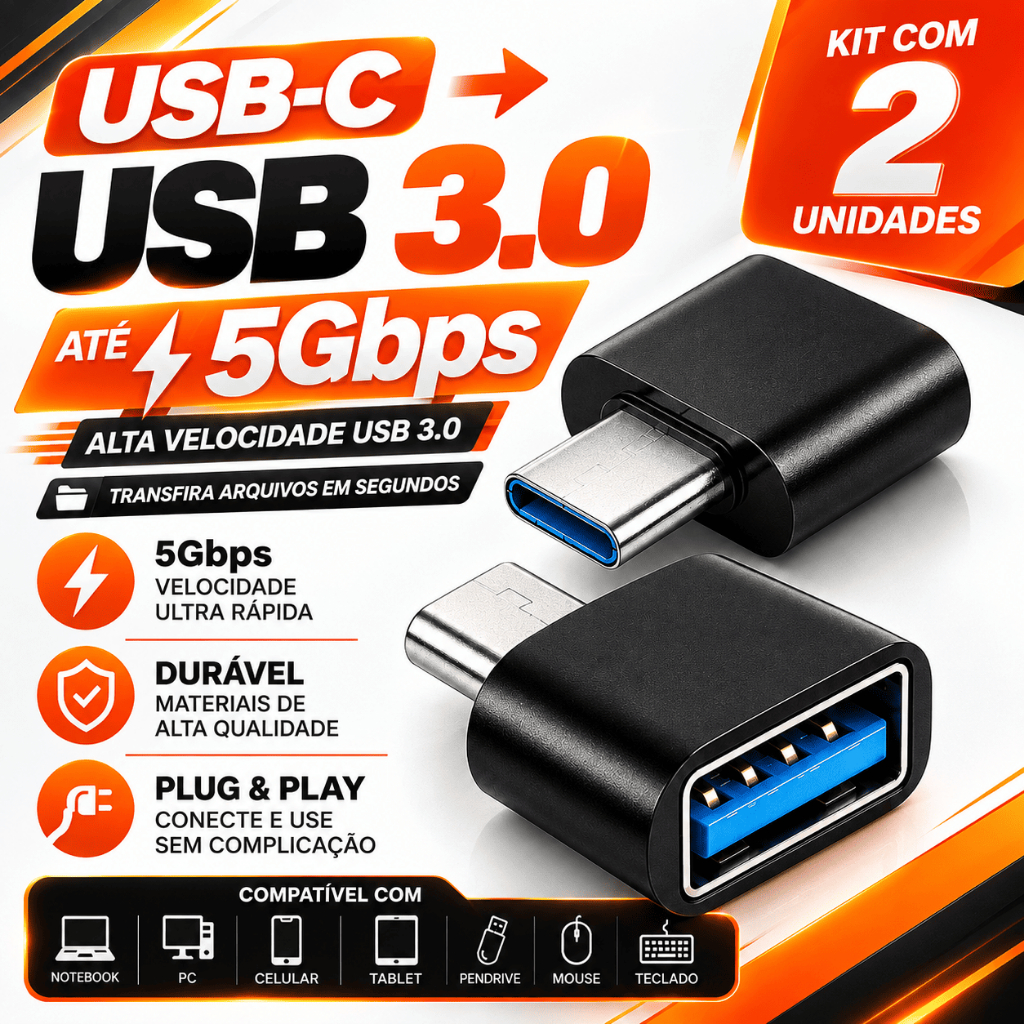 Kit 2 Adaptador USB-C para USB 3.0 OTG 5Gbps Pendrive Mouse Teclado HD Notebook MacBook Android iPhone 15