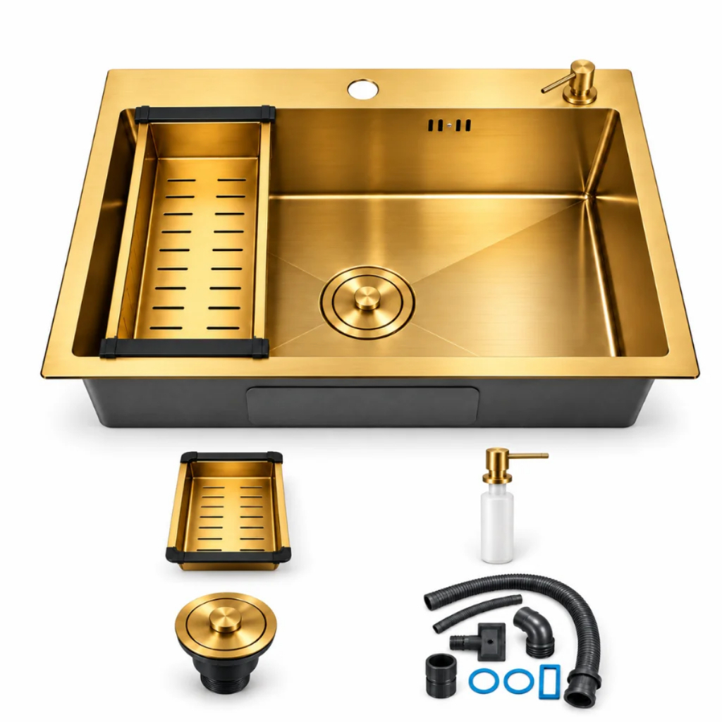 Cuba Pia Cozinha Gourmet 50x40 Inox 304 Quadrada Com Acessórios Acabamento Escovado Dourada Brinovar