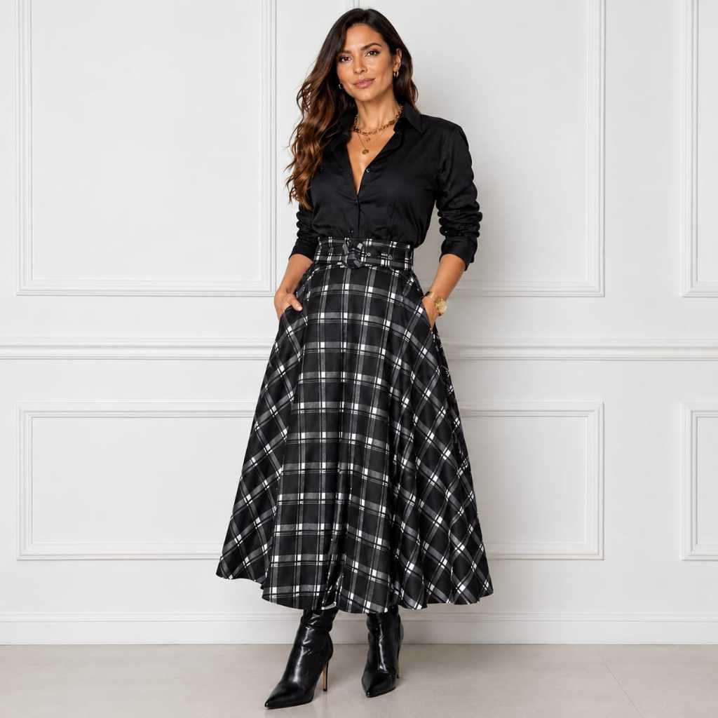Saia Xadrez Com Cinto Encapado Moderna e Elegante Saia em Cores xadrez e lisa Disponível do 36 ao 50 Evaze Premium