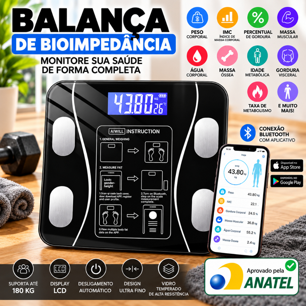Balança Inteligente de Bioimpedância Bluetooth até 180KG