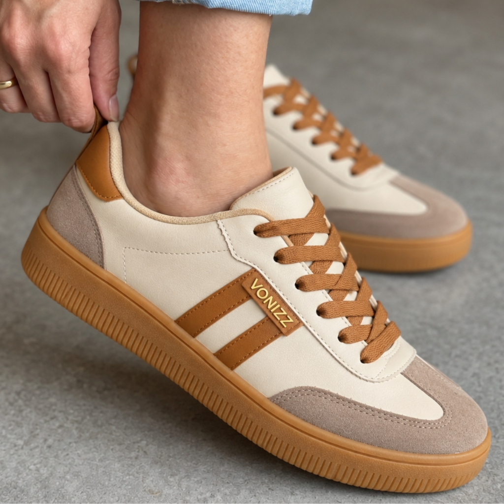 Tênis Feminino Couro Sapato Baixo Macio Retrô Clássico Casual Modinha Tendência Estiloso Bonito Bege Listra
