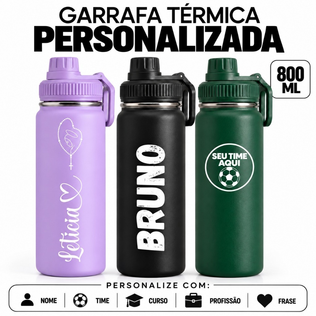 Squeeze Garrafa Térmica 800ml Personalizada com Nome Time Esportiva Inox Ideal Trabalho Academia Escritório e Viagens