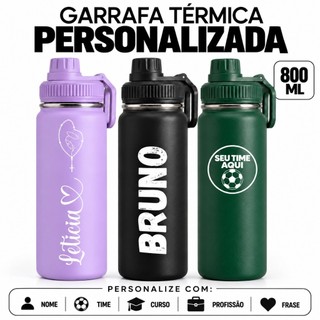 Squeeze Garrafa Térmica 800ml Personalizada com Nome Time Esportiva Inox Ideal Trabalho A…