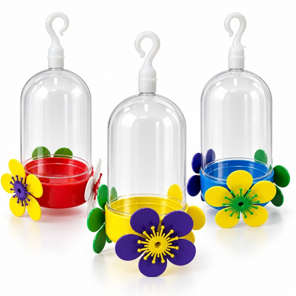 Bebedouro Beija-Flor 250ml Colorido em Plástico com Flores e Gancho Penduravel para Jardim e Pássaros