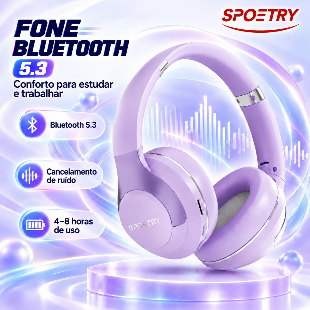 Fone De Ouvido Bluetooth SPOETRY Com Cancelamento De Ruído Confortável Para Estudo Home Office E Trabalho