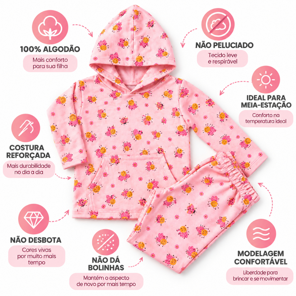 Conjunto Moletom Infantil Menina Com Capuz 100% Algodão