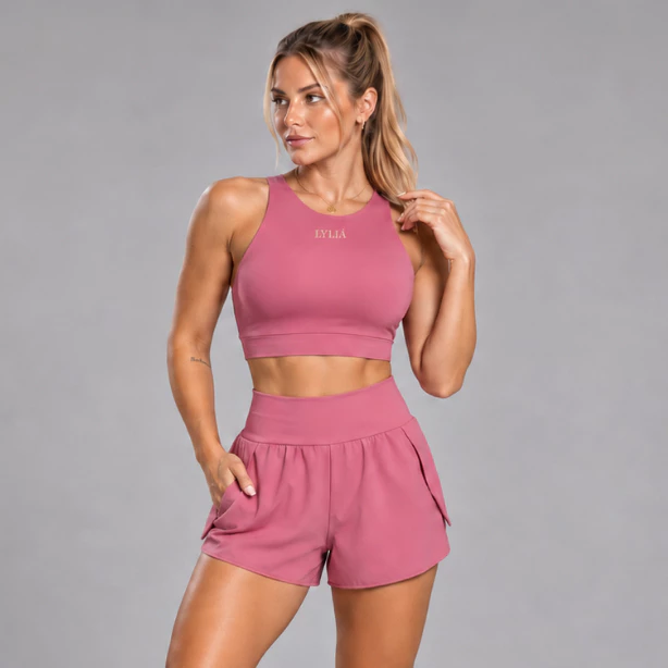 Conjunto Fitness Feminino em Poliamida Top e Shorts Sobreposto