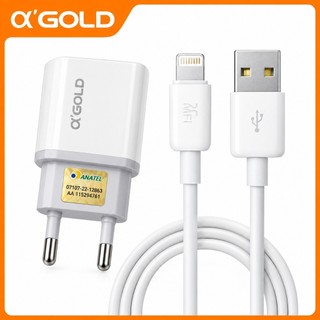 Kit Carregador Turbo iPhone 15W Tomada + Cabo Lightning 1m Original α'GOLD Anatel Carga Rápida