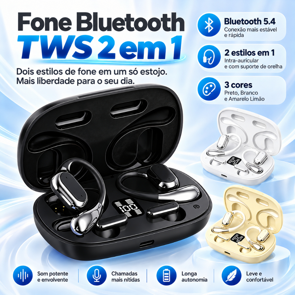 Fone Bluetooth TWS 4 em 1 Intra Auricular, Bluetooth 5.4 Alta Qualidade-B6