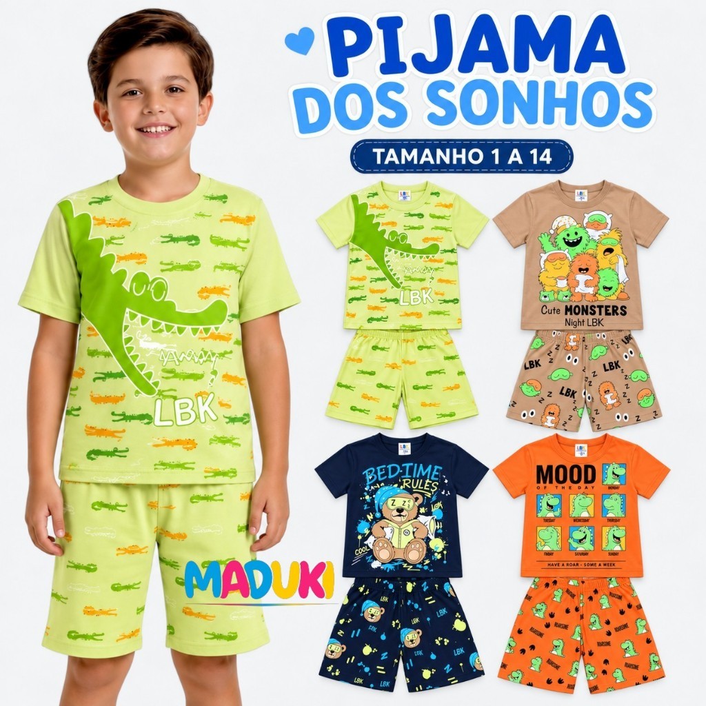 Kit 6 Peças Pijama Infantil Menino Verão Manga Curta Shorts Tam. 1 ao 14