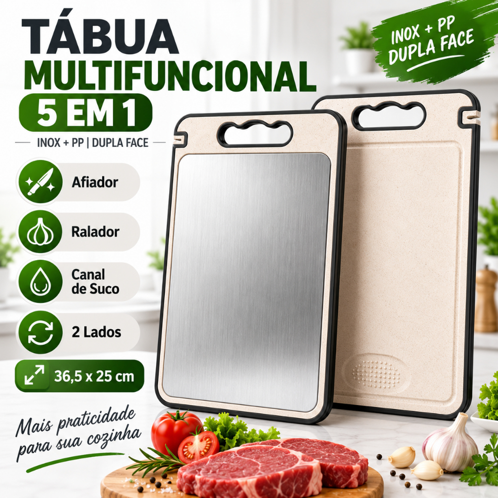 Tábua de Corte Inox Dupla Face 5 em 1 com Afiador e Ralador de Alho 36,5x25cm