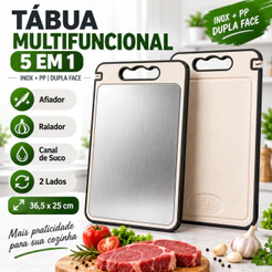 Tábua de Corte Inox Dupla Face 5 em 1 com Afiador e Ralador de Alho 36,5x25cm