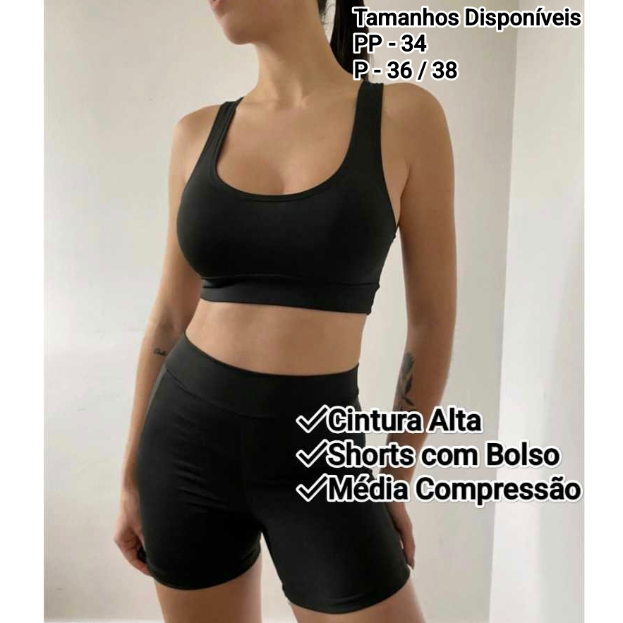 Conjunto Fitness Feminino Preto Cintura Alta Short com Bolso Suplex Top Nadador Compressão Academia