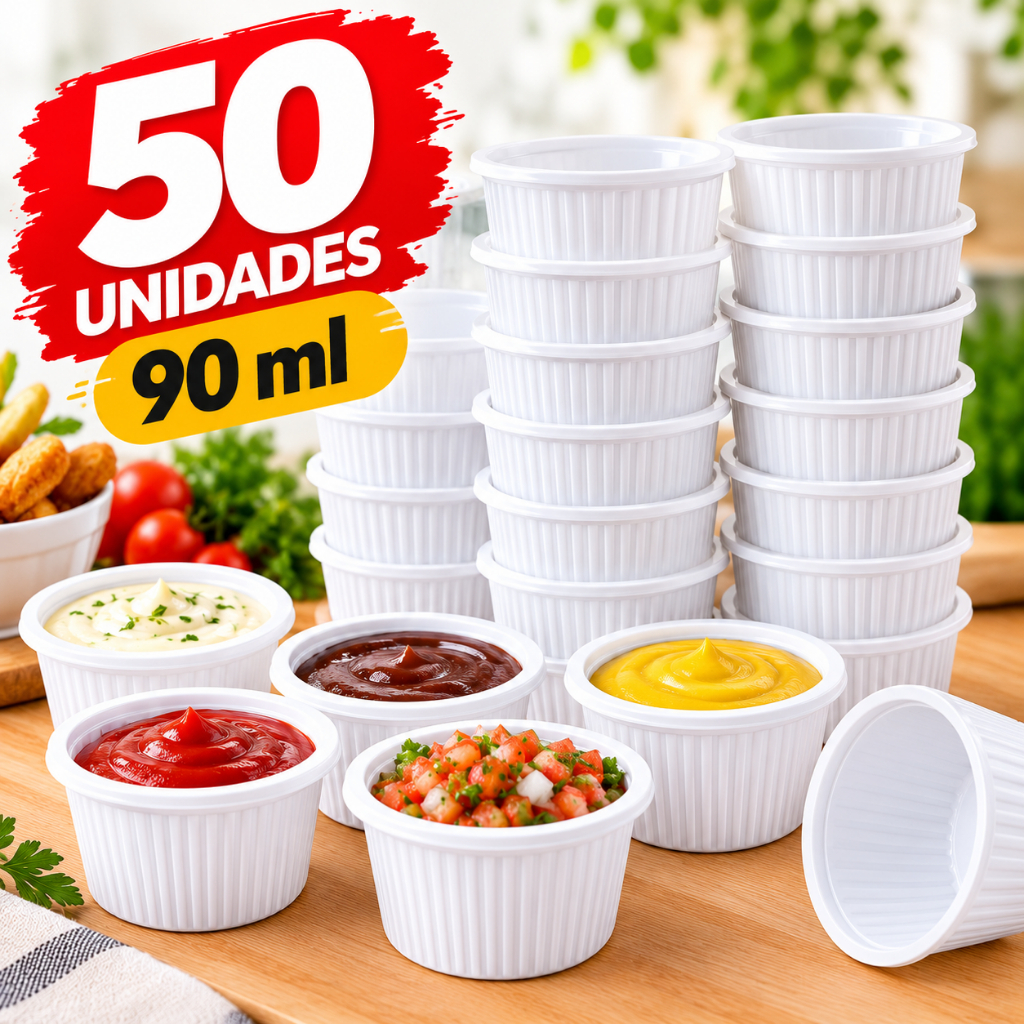 Kit 50 Ramekins 90ml Plástico Canelado Porta Molho Molheira Petiscos