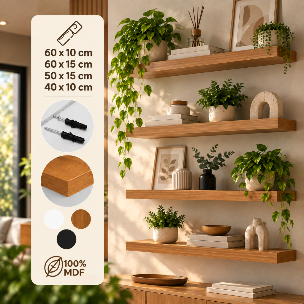 Kit 4 Prateleiras Flutuantes MDF 60 50 40 cm Suporte Invisível Nicho Decorativo Quarto Cozinha Escritório Livros