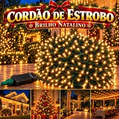 Cordão Strobo Pisca Pisca Natalino LED Branco Quente para Decoração de Natal Bivolt Prova D'Água