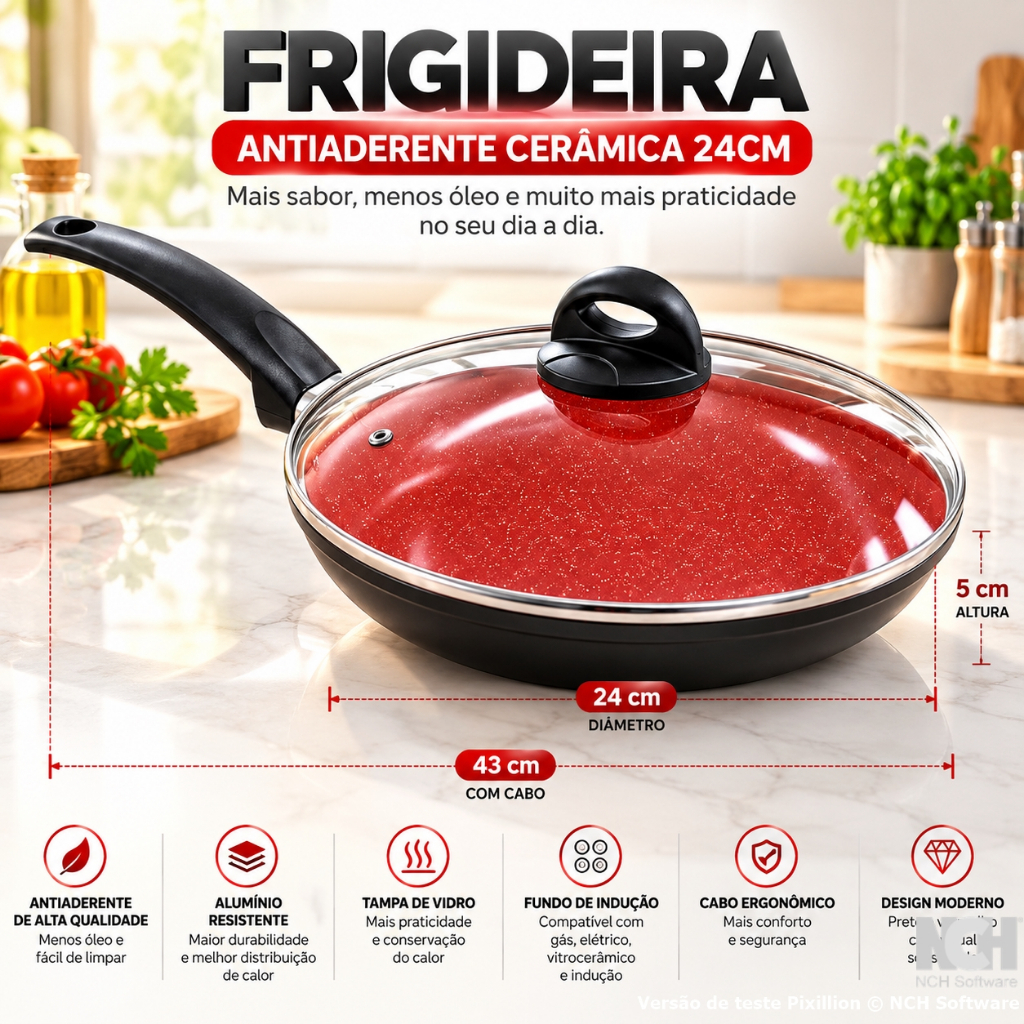 1 Frigideira Antiaderente Cerâmica 28 ou 24cm com Tampa Não Gruda Indução Fogão Limpeza Premium