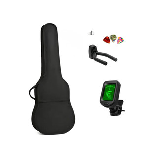 Kit Capa Violão Folk Nylon Alças Duplas Bolsos Acessórios + Suporte Ajustável + Afinador Digital + 3 Palhetas