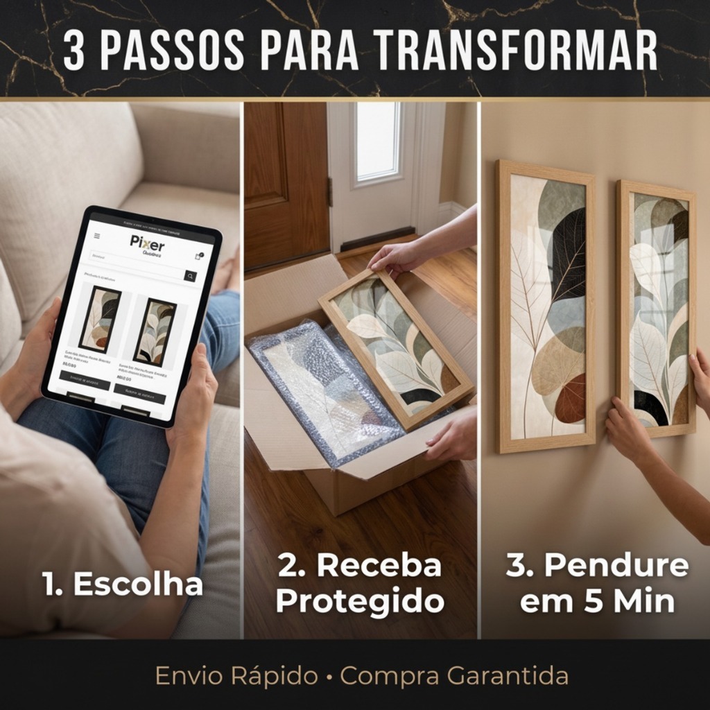Kit 2 Quadros Decorativos Folhas Botânico Natureza Folhagem com Moldura 18x45cm Decoração Sala Quarto Hall — imagem 2 de 2