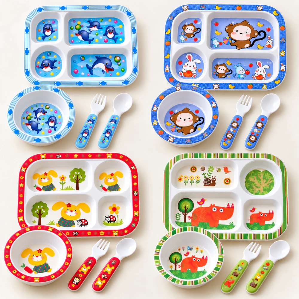 Kit Refeição Infantil Para Bebês e Crianças Introdução Alimentar Prato Cumbuca e Talheres 4 Peças