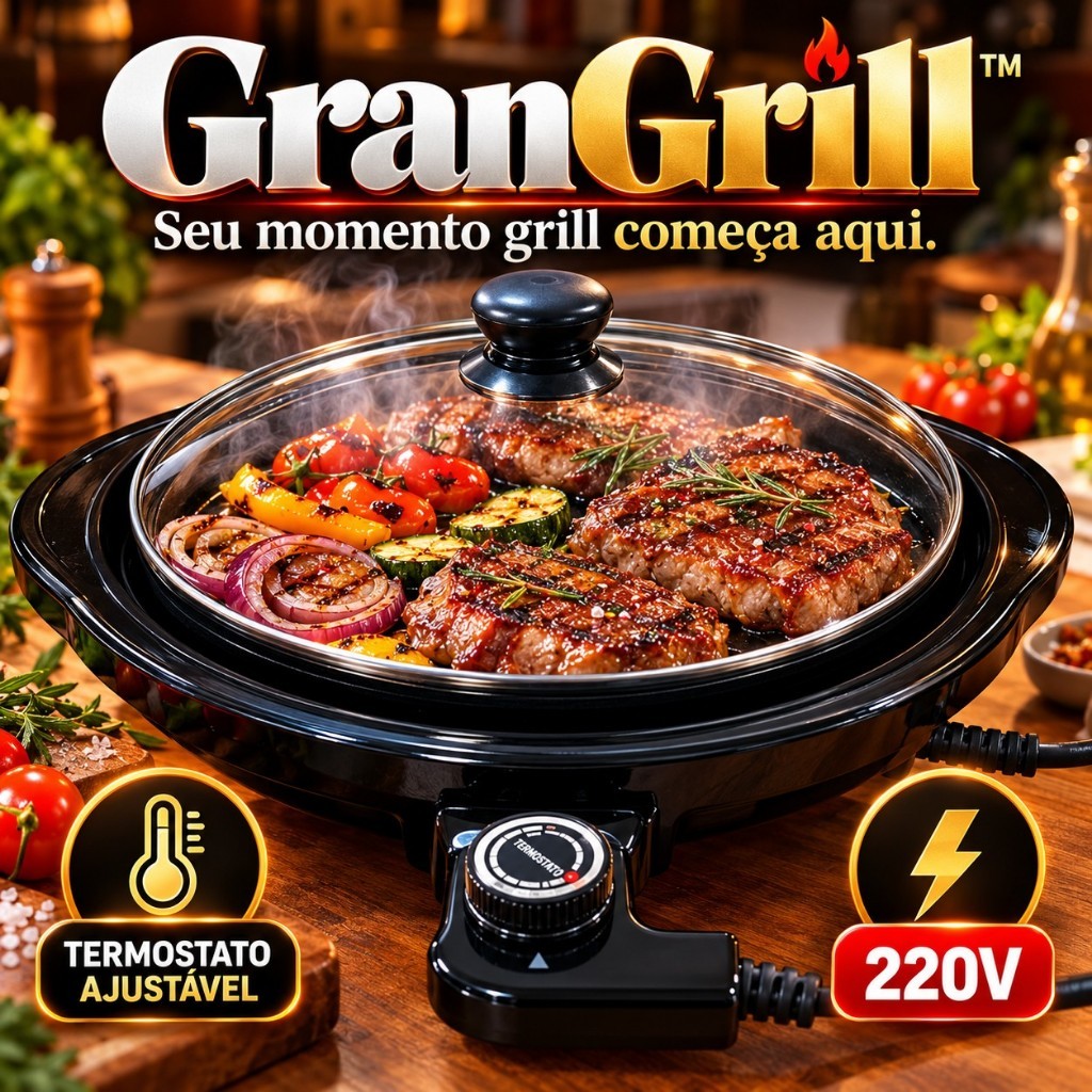 Grill Elétrico Redondo Antiaderente 220V com Termostato Ajustável e Tampa GranGrill™