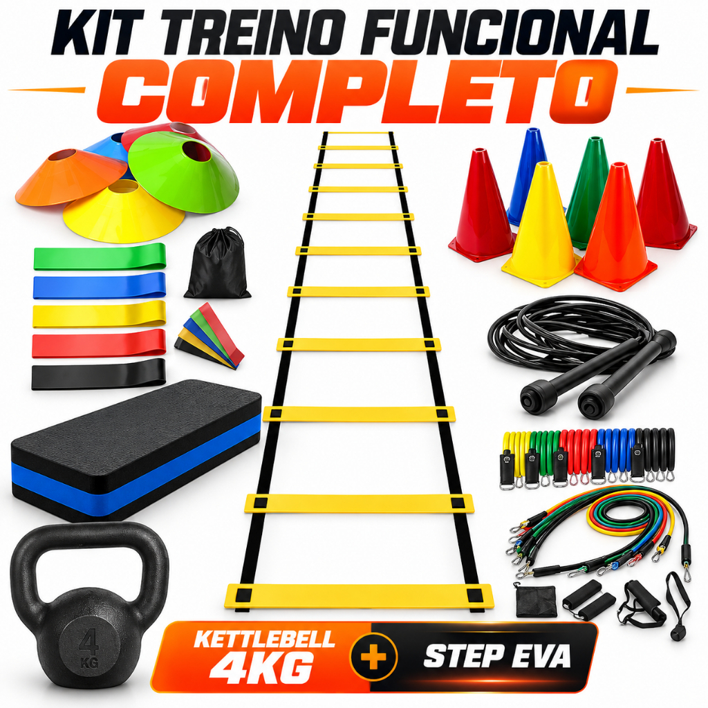 Kit Treino Funcional Completo Kettlebell 4kg Step EVA Escada Corda Mini Band Cones