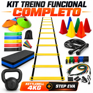 Kit Treino Funcional Completo Kettlebell 4kg Step EVA Escada Corda Mini Band Cones