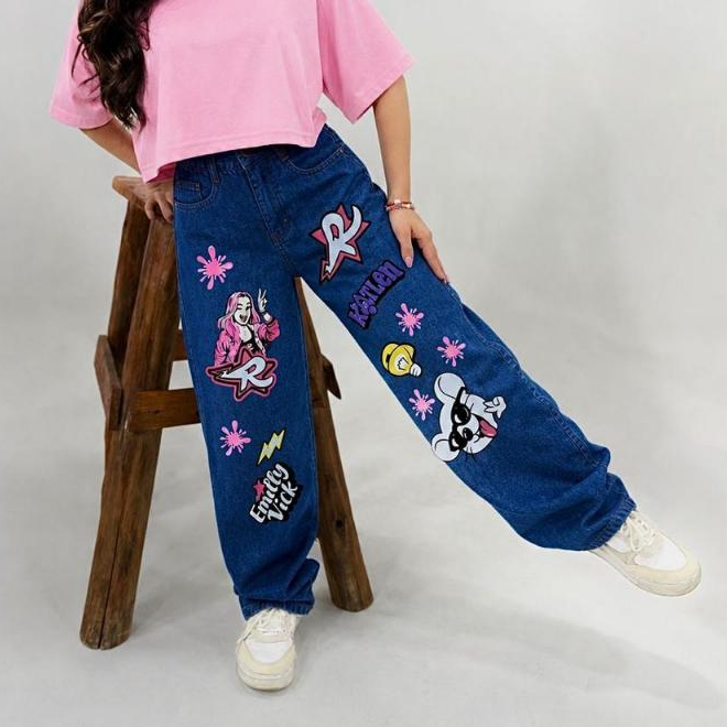 Calça Jeans Wide Leg Infantil Juvenil Feminina Estampada Premium emilly vick Moda Blogueira