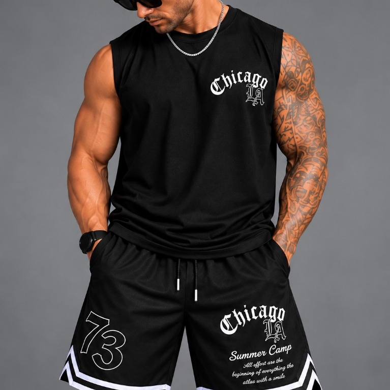 Conjunto Regata e Bermuda Dry Fit Masculino  Basquete Roupa Esportiva Street Academia Treino Chicago 73
