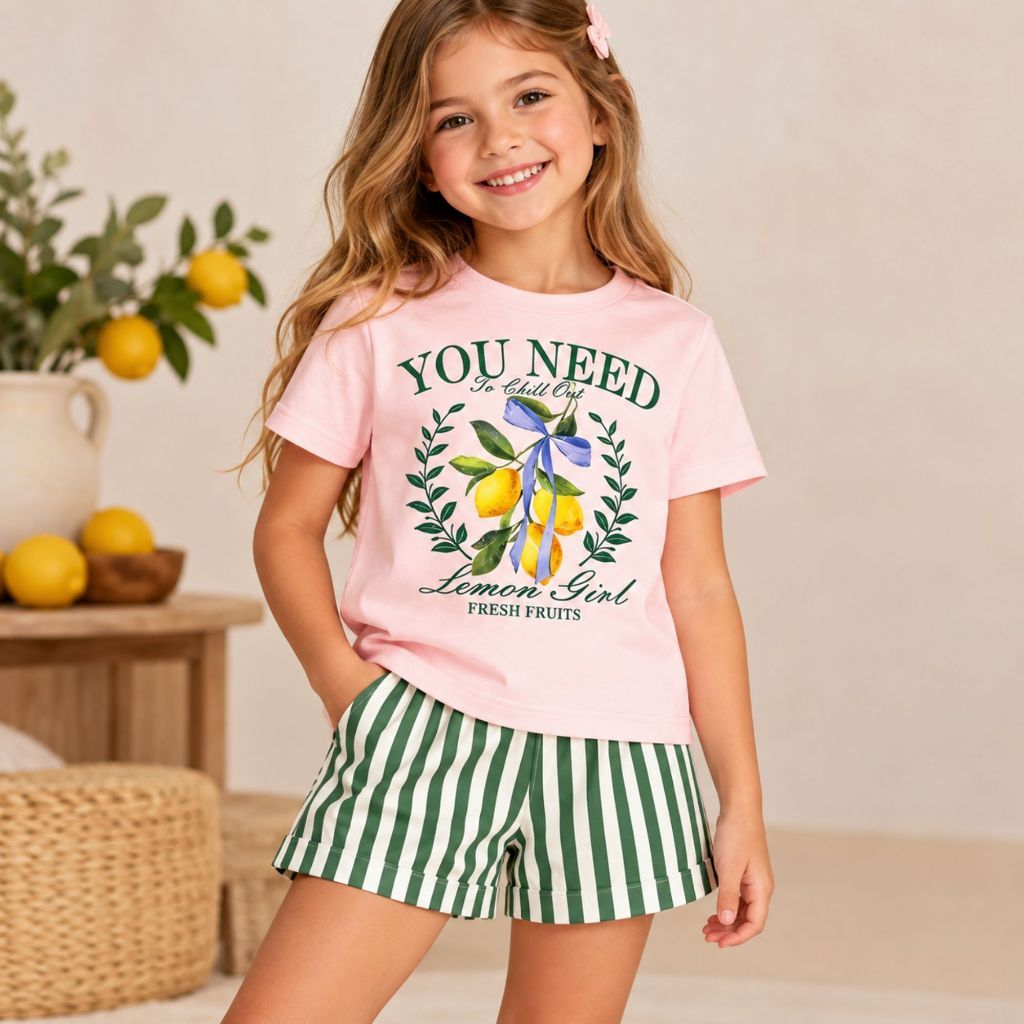 Conjunto Feminino Infantil Roupa De Menina Shorts Listrado Blusa Camiseta Estampa Limão Blogueirinha