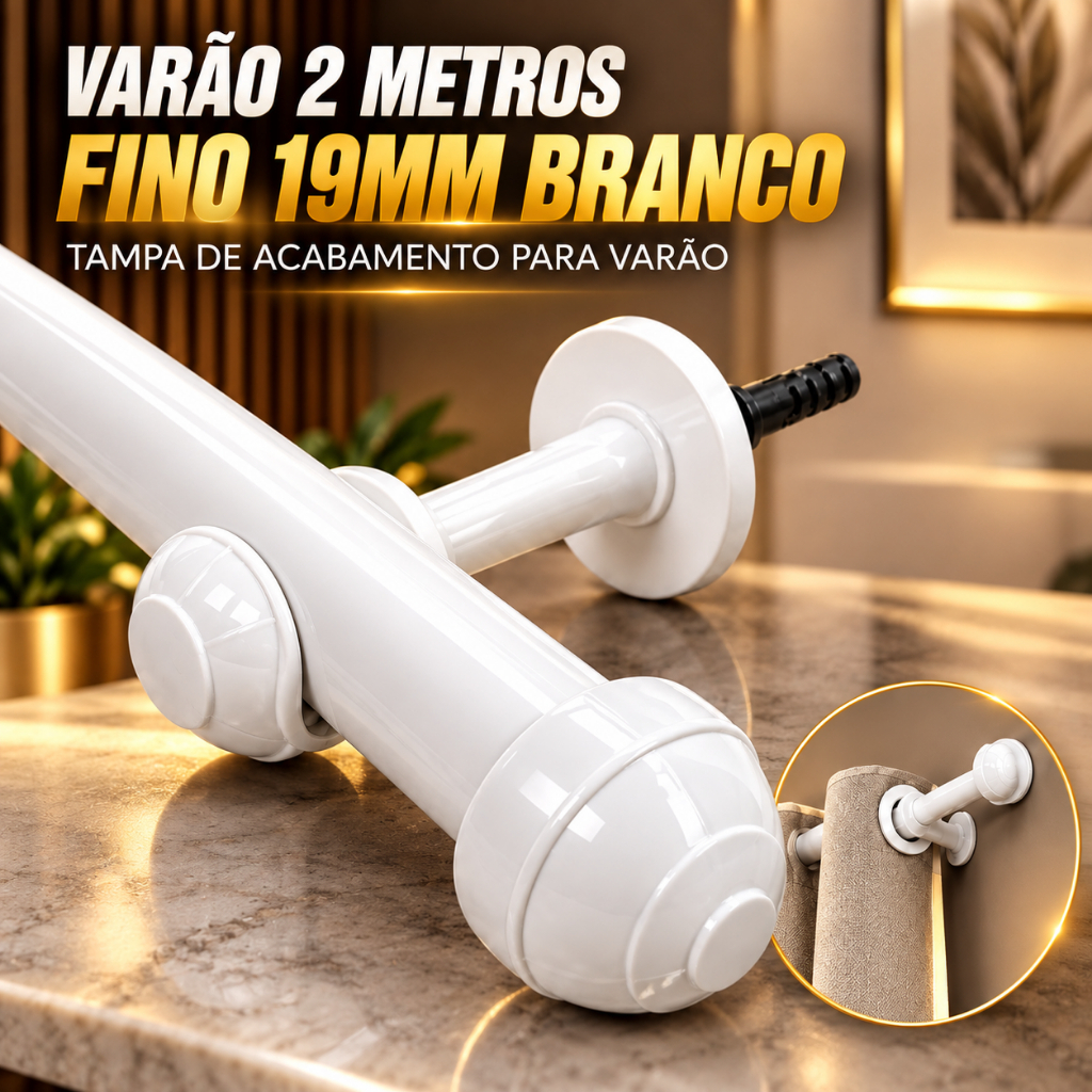 Varão de Cortina 2,00 Metros 19mm (fino) Branco de Emenda Para casa/sala/quarto/cozinha