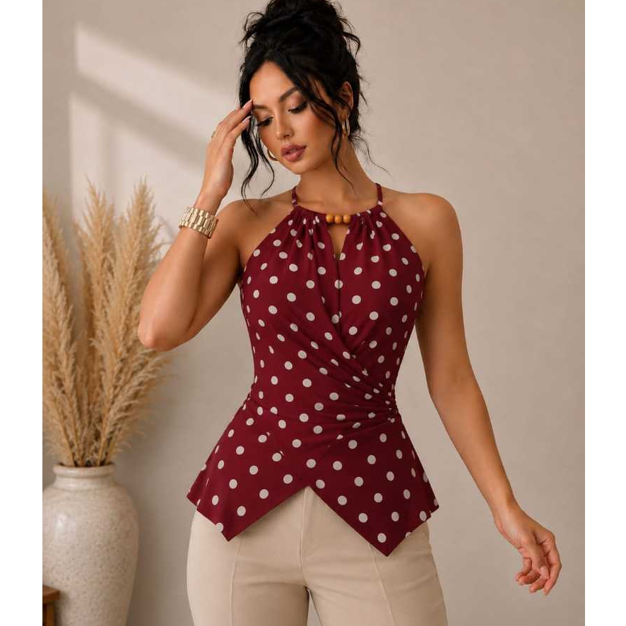 Blusa Feminina Casual Elegante com Amarração nas Costas Cruzada na Cintura Estampa Poá