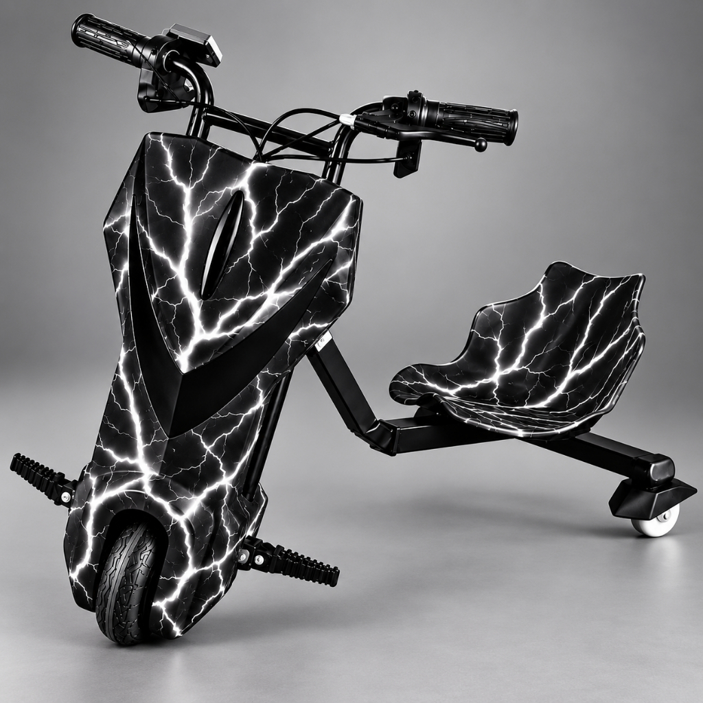 Triciclo de Drift Elétrico 8 Polegadas 350w Com Bluetooth Alto falante LED 3 Velocidade e Freio Com Maçaneta