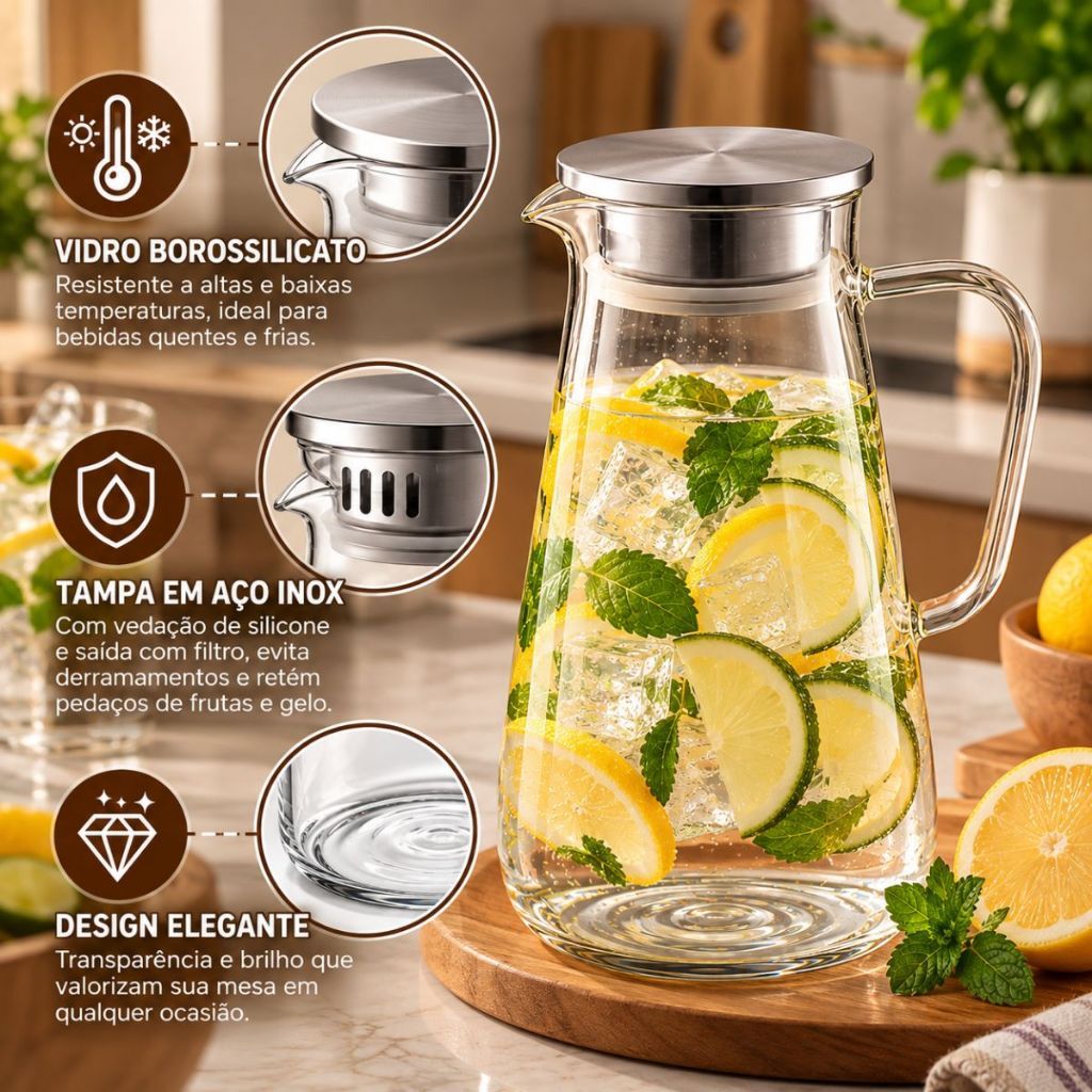 Jarra de Vidro Borossilicato 1500ml com Tampa Inox Resistente e Filtro para Água Suco Chá
