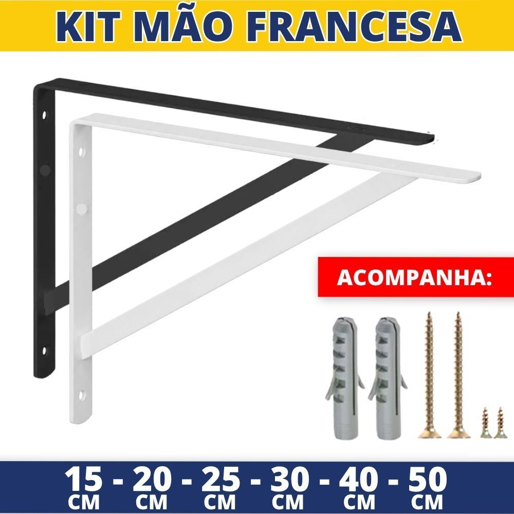 kit Mão Francesa para Prateleira Cantoneira Reforçada 15cm 20cm 25cm 30cm 40cm 50cm Preta e Branca