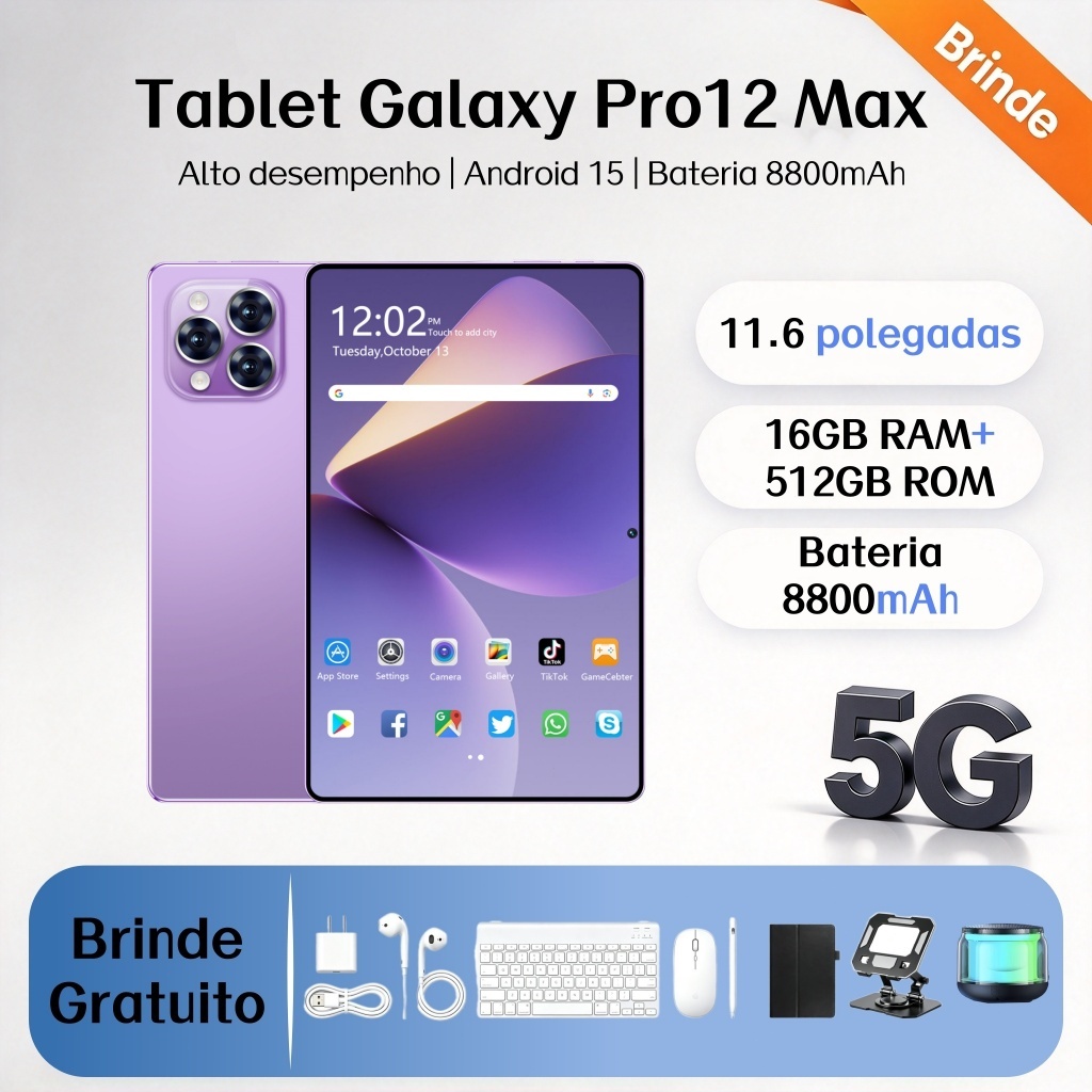【Teclado e mouse grátis】Tablet Galaxy Pro12 Max de 11,6 polegadas, 16 GB + 512 GB, 8.800 mAh, 120 Hz Pagamento parcelado