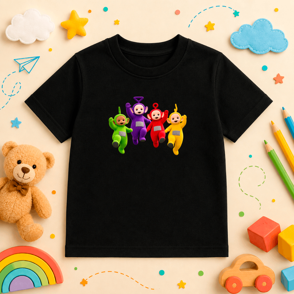 Camiseta Infantil Teletubbies Colorido Personagens  100% Algodão Unissex Menino Menina Bebê Infanto Juvenil Estampa DTF