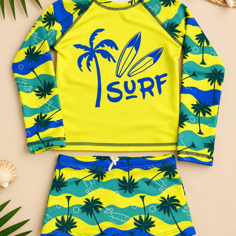 Conjunto uv blusa + sunga Surf Coqueiro kit menino 2 ao 12 anos roupa de banho para piscina praia natação e protecãouv50