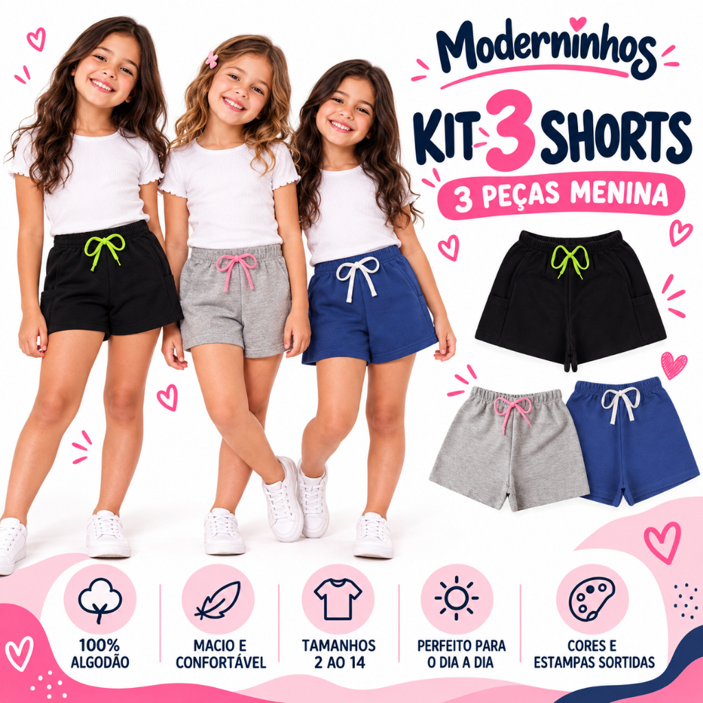 Moderninhos - Kit Com 3 Shorts Feminino Infantil - Tamanho 4 ao 14 em Promoção